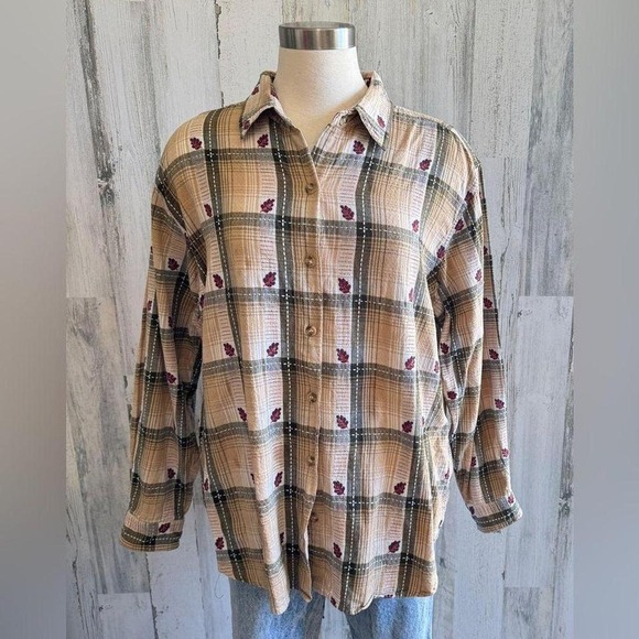 Vintage Tops - Vintage Plaid Button-Up Shirt 1X‎ Cozy Fall Style Leaf Accents Thanksgiving